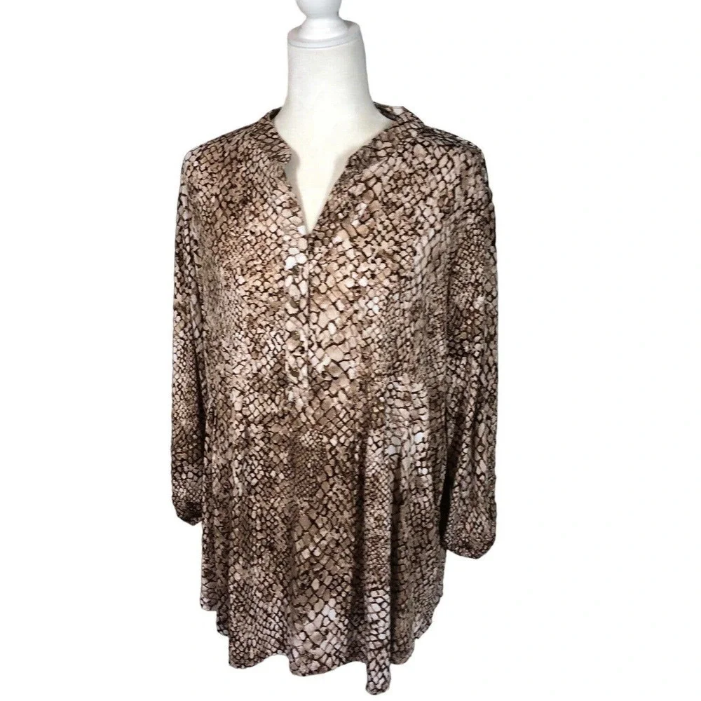 Established‎ 1962 Top Womens 2X Brown Babydoll Tunic Snakeskin Flowy Office Wear